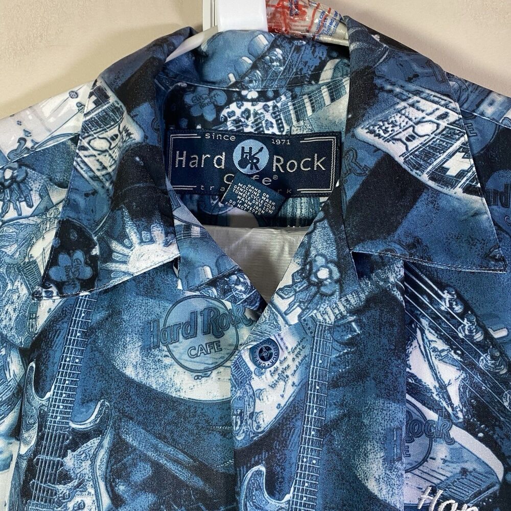 Hard Rock Cafe Honolulu Shirt Mens Medium Blue White Hawaiian Music Guitar